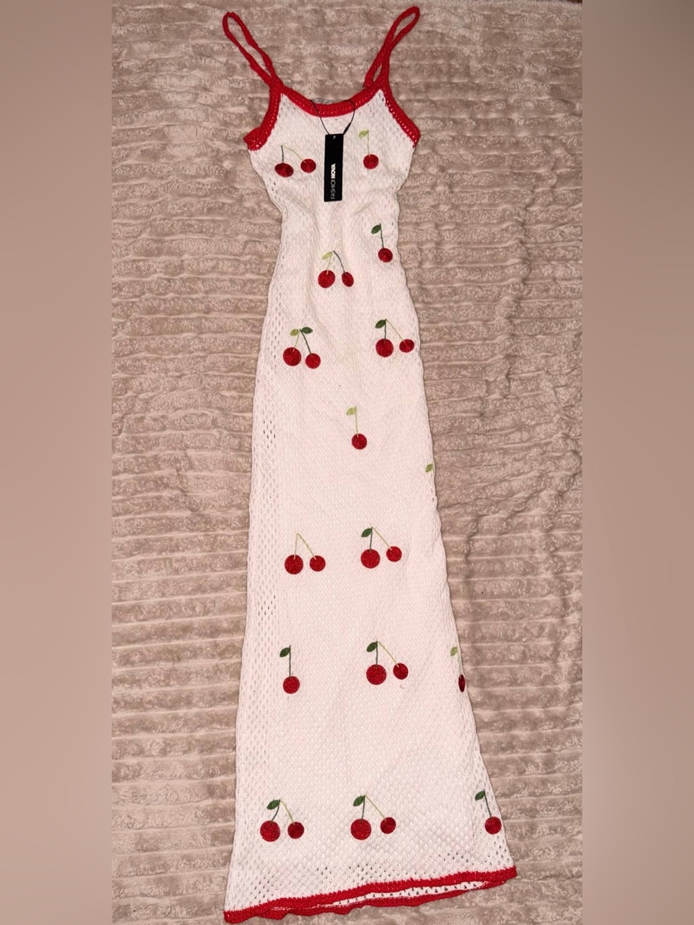 Fashion Nova White Crochet Maxi Dress with Red Cherry Accents - Picture 2 of 4